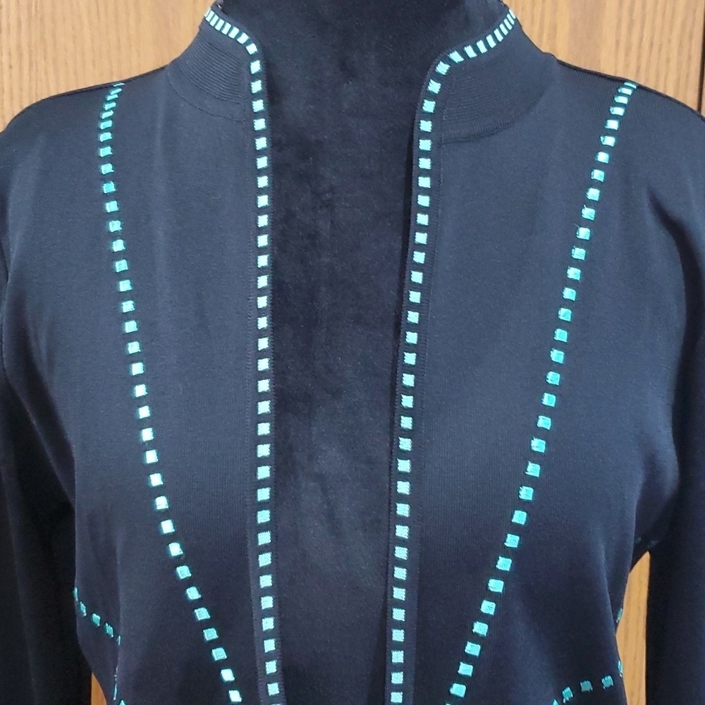Ming wang open front blazer knit black and turquoise geometric - Picture 2 of 6
